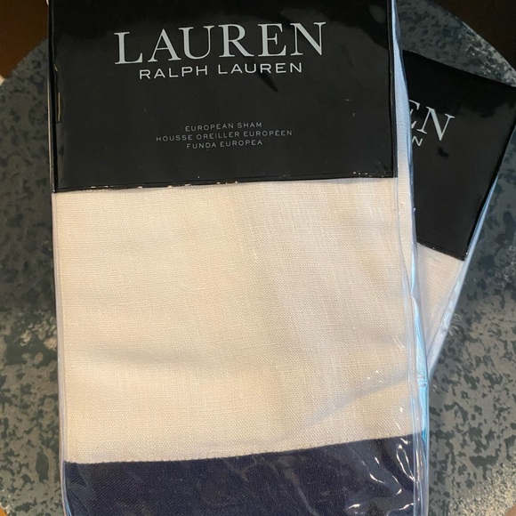 Pair of Lauren Ralph Lauren European Shams white with navy trim. - Picture 1 of 4